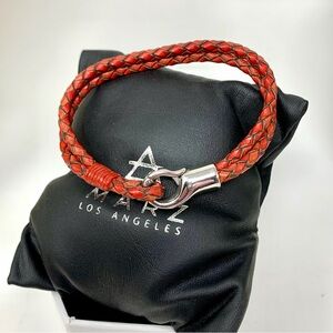 MARZ Men’s Double braided red leather bracelet with polished silver tone clasp